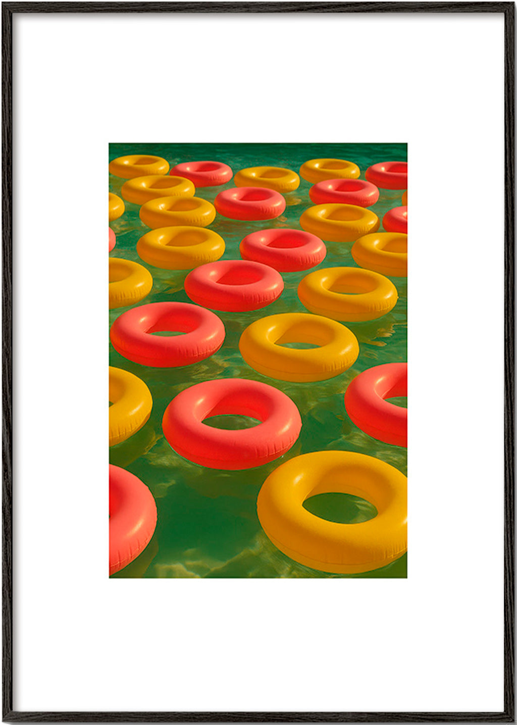 Geometrický obraz s plovoucími červenými a žlutými kruhy – Black Frame
