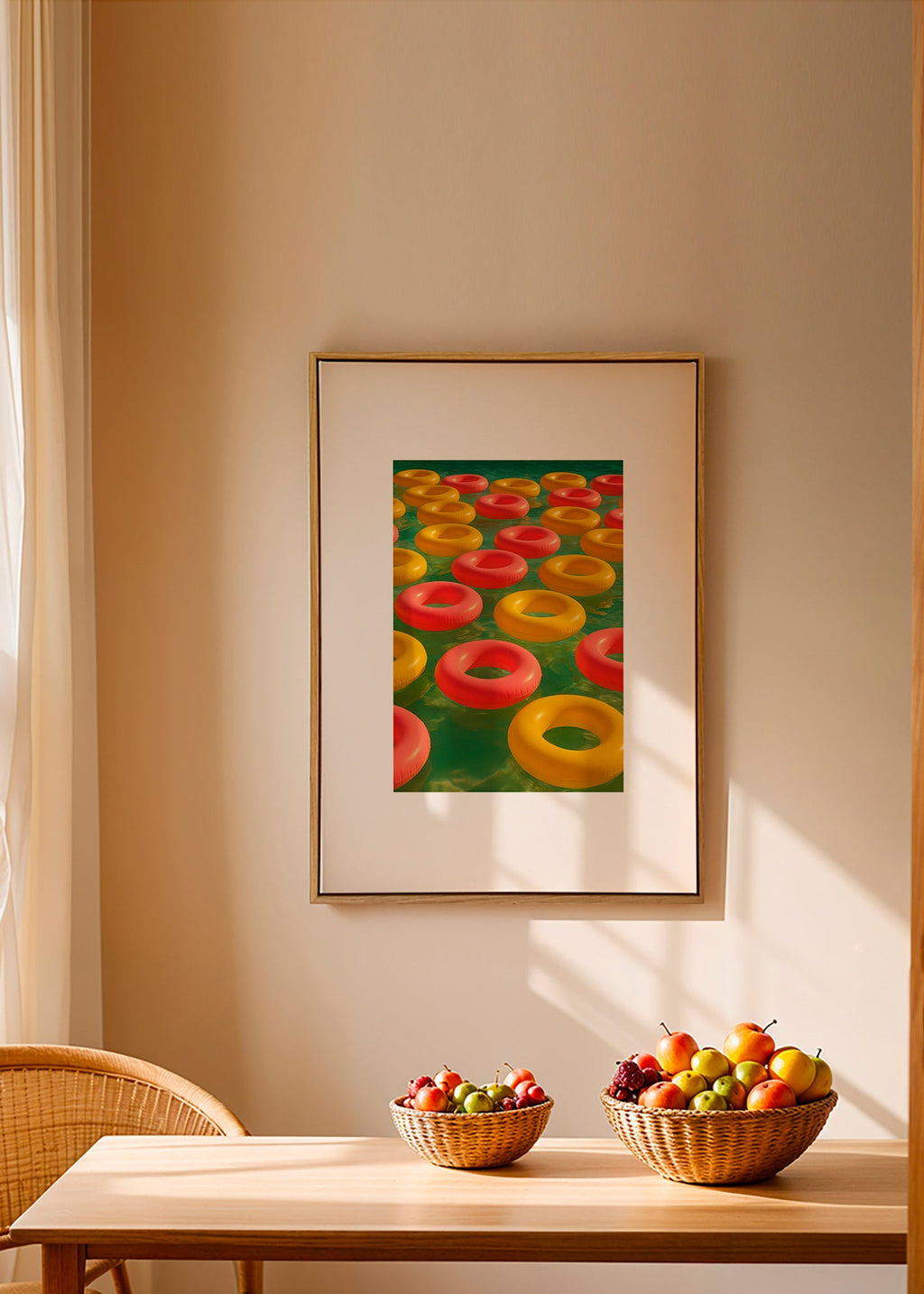 Geometrický obraz s plovoucími červenými a žlutými kruhy – Canvas1