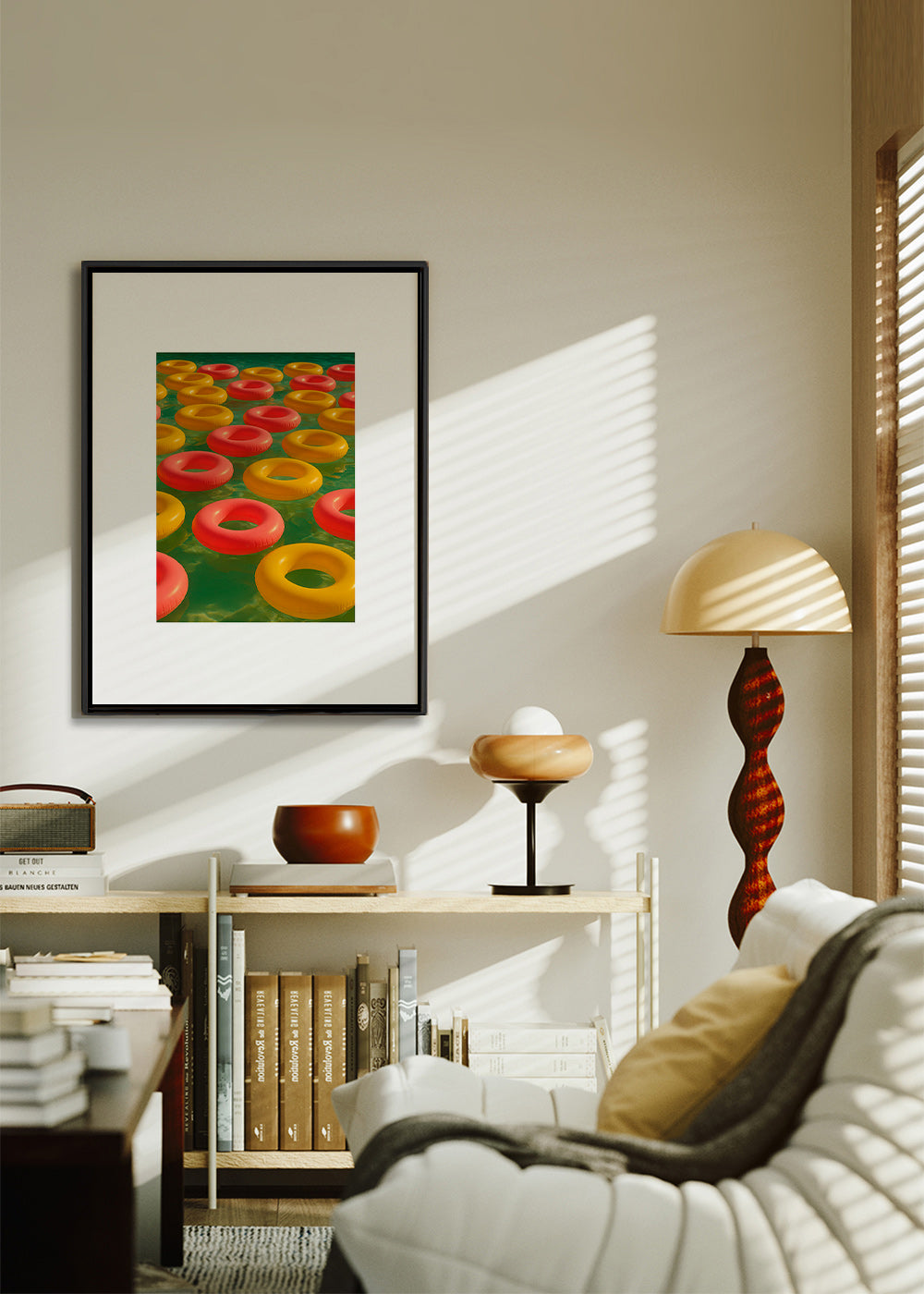 Geometrický obraz s plovoucími červenými a žlutými kruhy – Canvas2