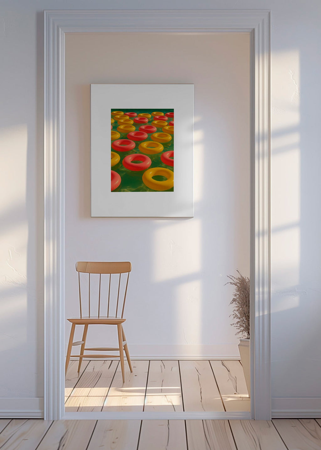 Geometrický obraz s plovoucími červenými a žlutými kruhy – Canvas