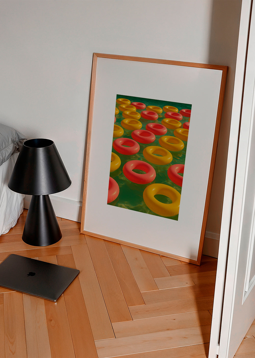 Geometrický obraz s plovoucími červenými a žlutými kruhy – Product2