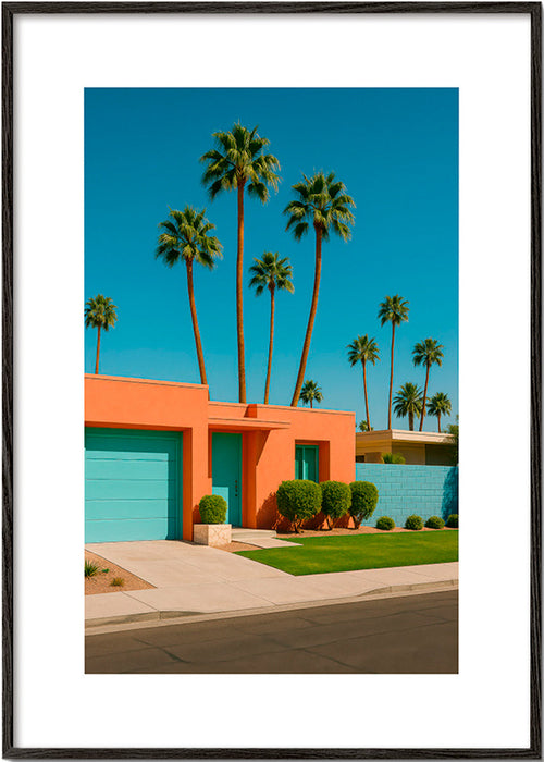Botanický plakát Palm House s palmami a korálovým fasádou – Black Frame