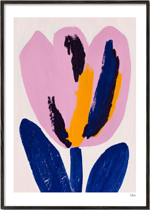 Botanický plakát růžový květ s modrými tahy – Black Frame