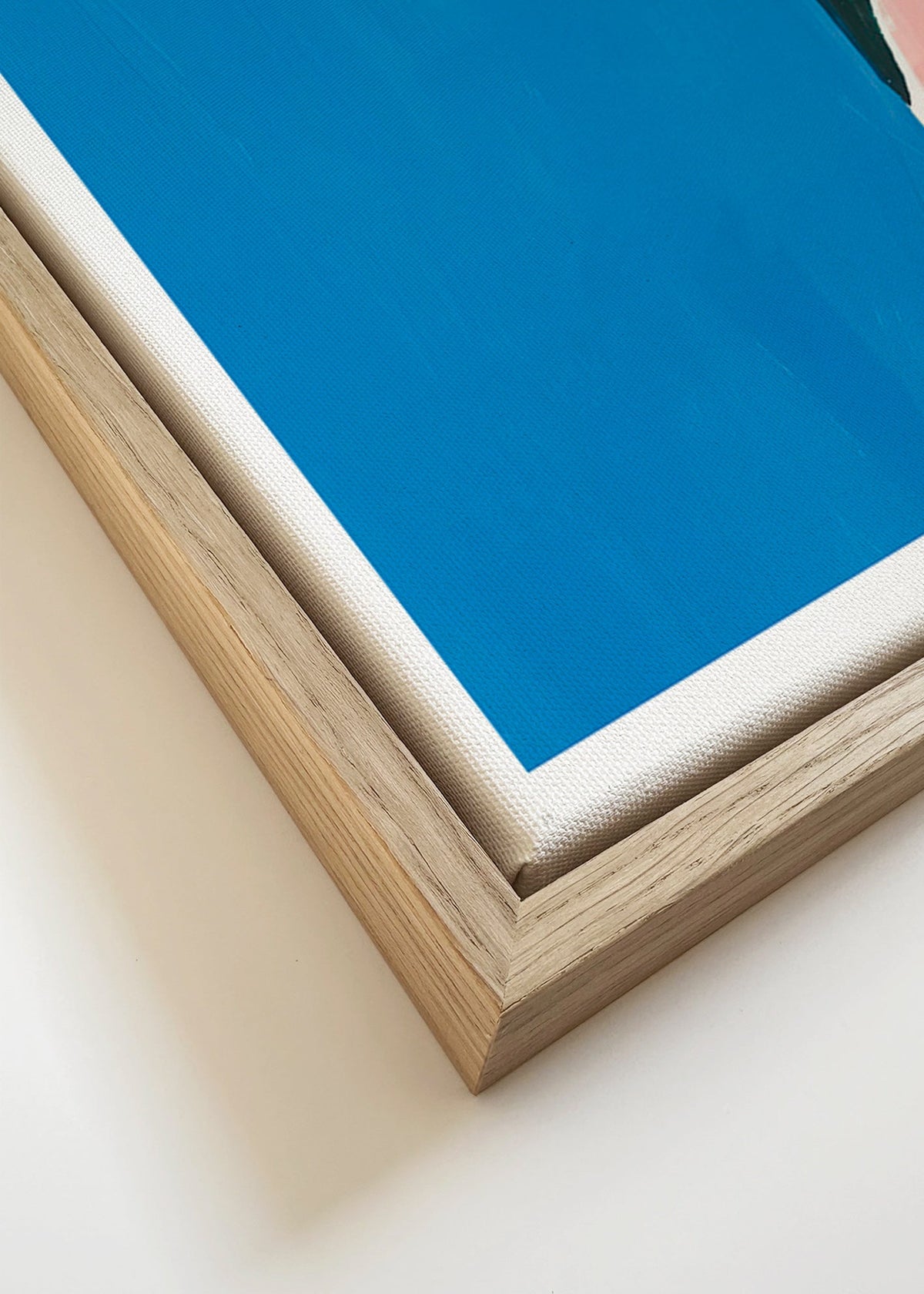 Abstraktní obraz s modrým polem a růživou křivkou – Canvas detail