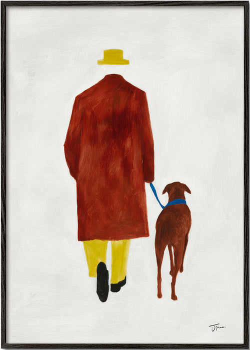 Illustrace procházky se psem a žlutým kloboukem – Black Frame