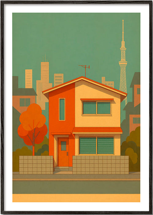 Obraz do kuchyně: japonský dům v ilustrativní retro paletě – Black Frame