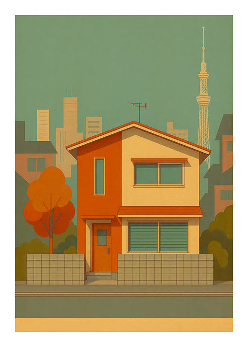Obraz do kuchyně: japonský dům v ilustrativní retro paletě