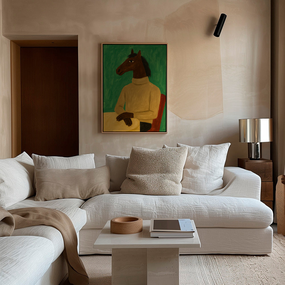 Cuadro caballo en suéter sobre fondo verde – Canvas1