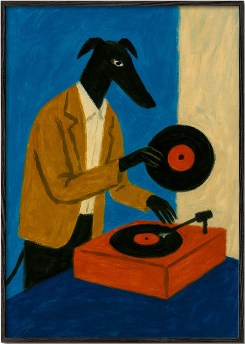 Ilustrace DJ pes s vinylovou deskou – Black Frame