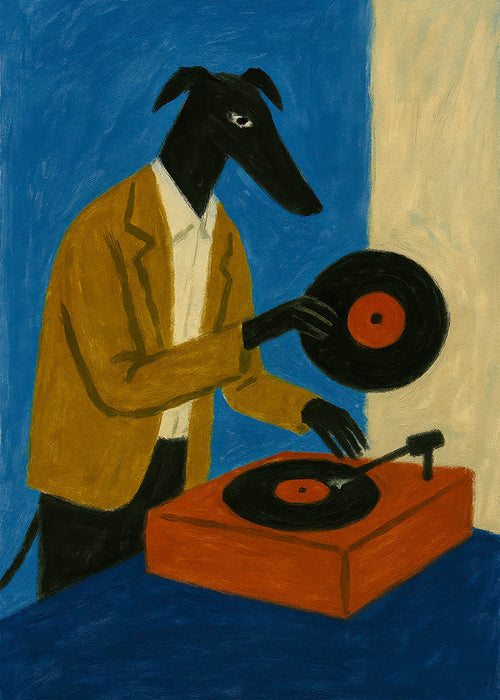 Ilustrace DJ pes s vinylovou deskou