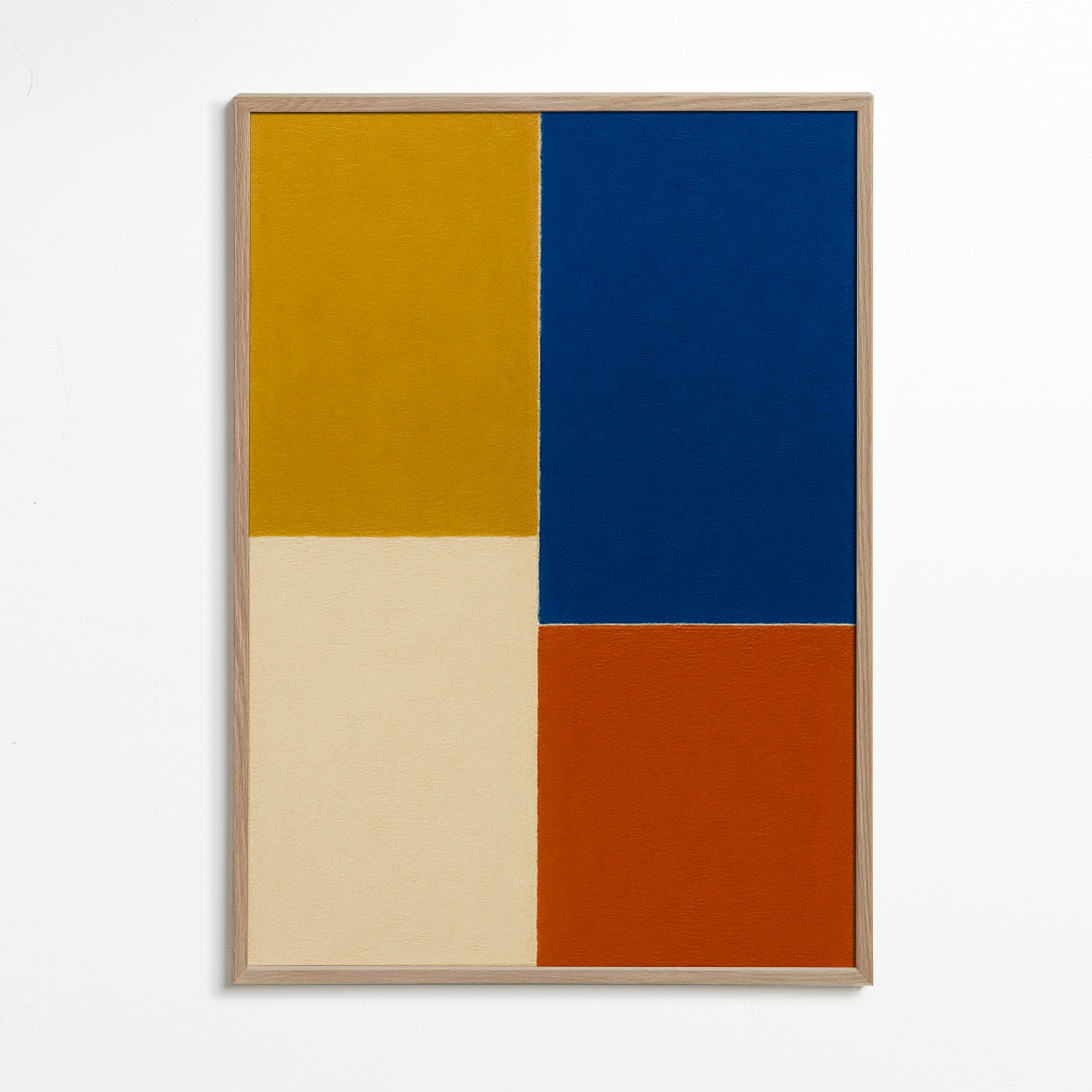 Cuadro abstracto de bloques mostaza y azul – Oak Frame