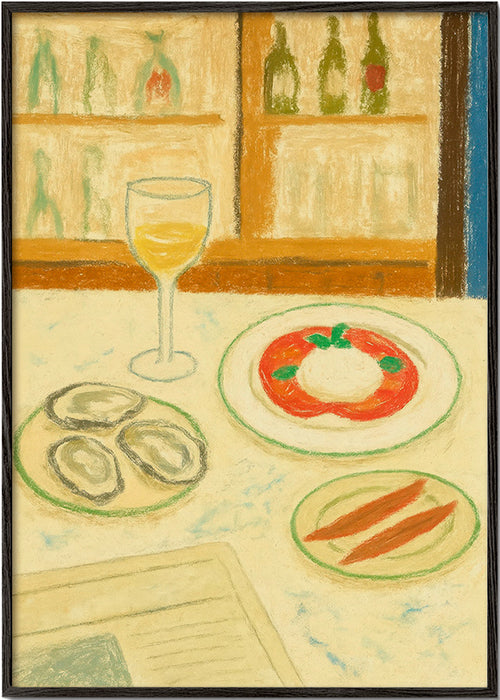Obraz do kuchyně: burrata a ústřice v jemné skice – Black Frame
