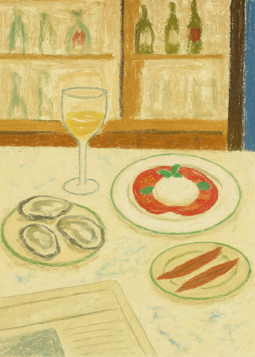 Obraz do kuchyně: burrata a ústřice v jemné skice