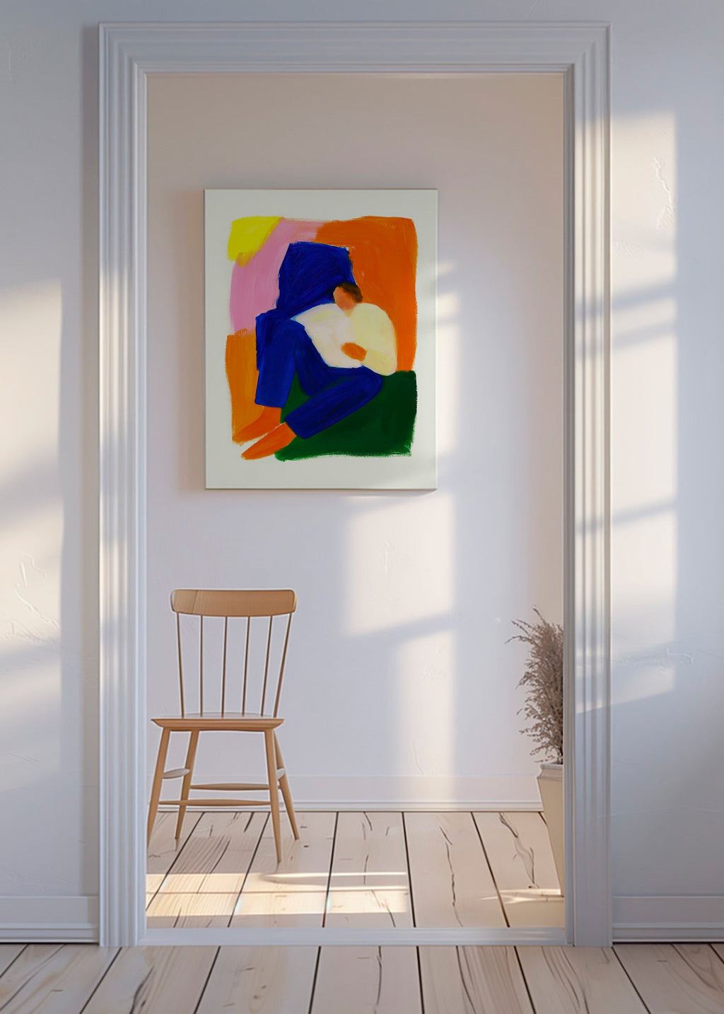 Ilustrace sedící postavy v jasných barvách – Canvas