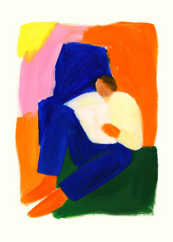 Ilustrace sedící postavy v jasných barvách