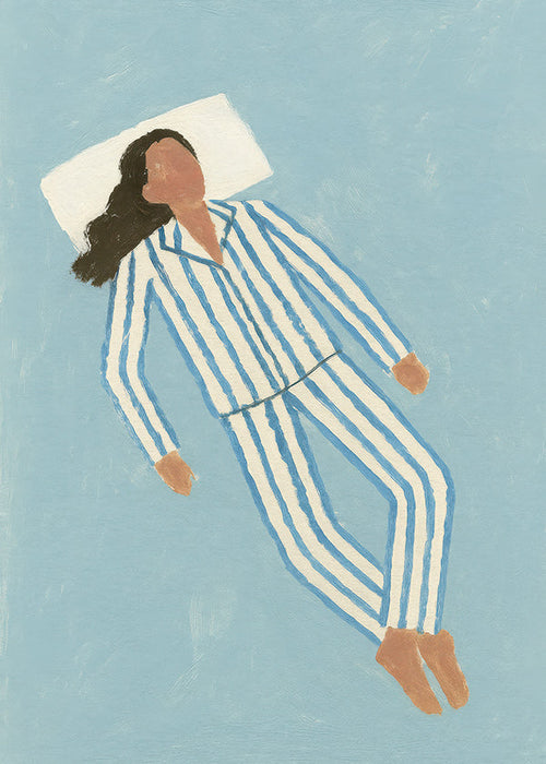 Ilustrace ženy v pruhovaném pyžamu