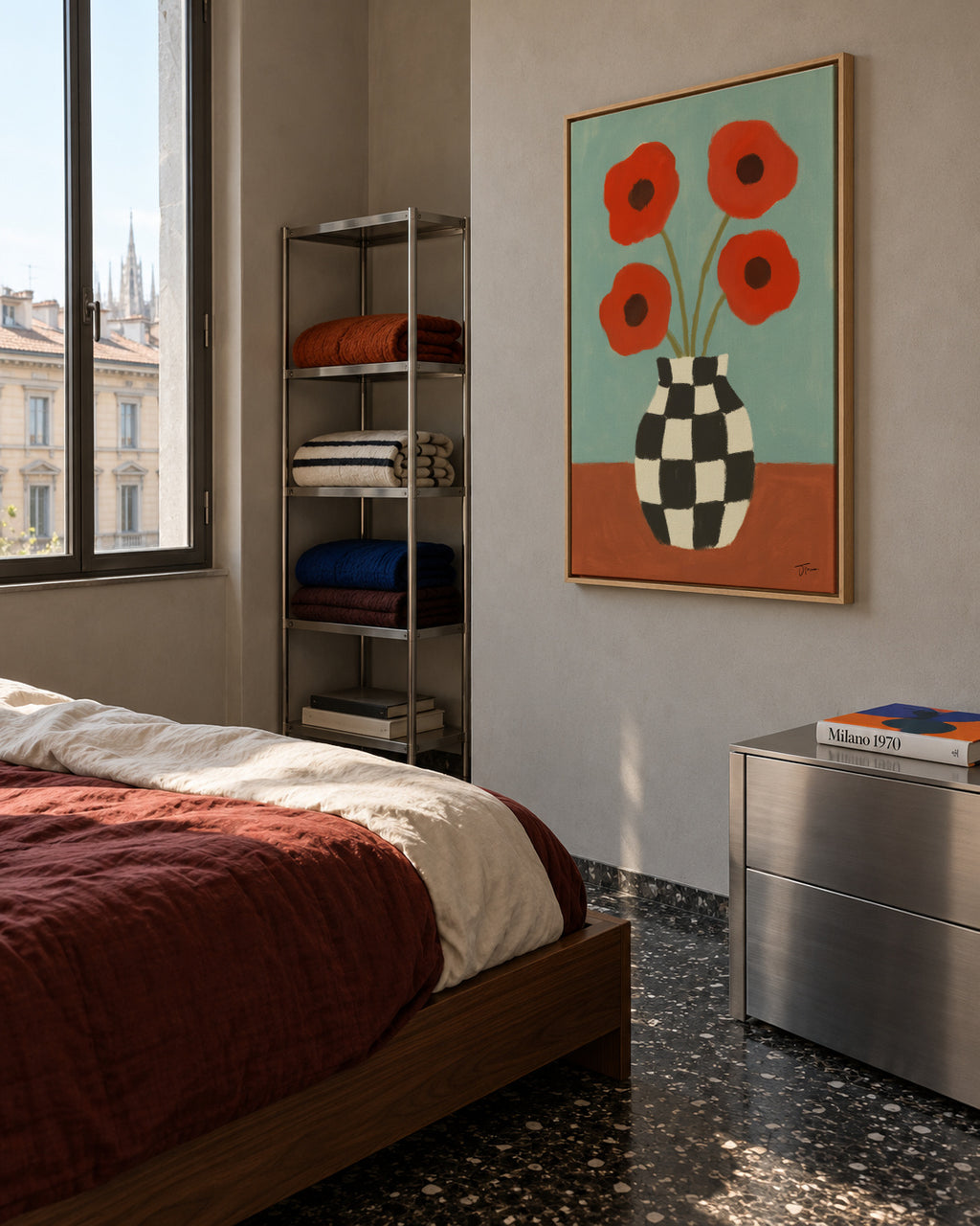 Checkerboard Poppies - Framed canvas in an interior