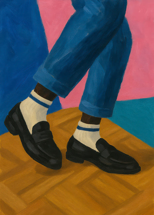 Ilustrace loafer s proužkovanými ponožkami
