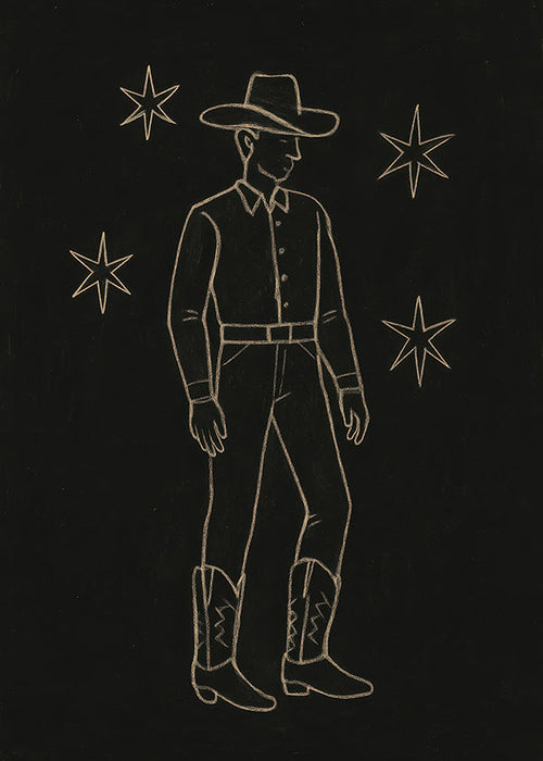 Ilustrace kovboj zlatou čárou