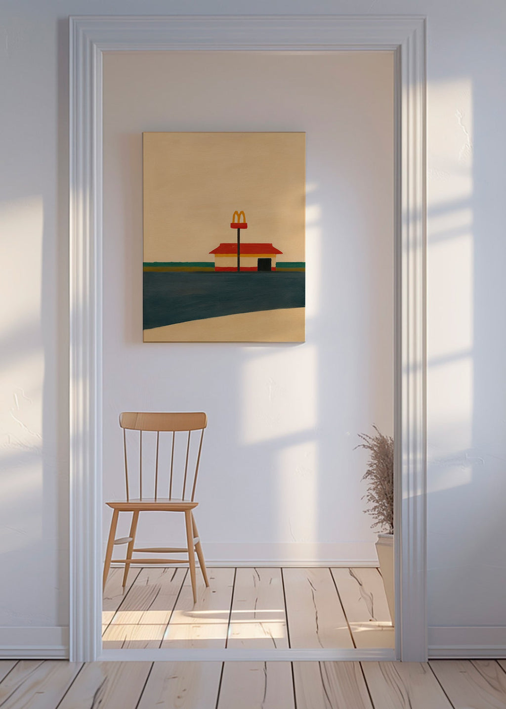 Obraz do kuchyně minimalistický s restaurací a zlatým obloukem – Canvas