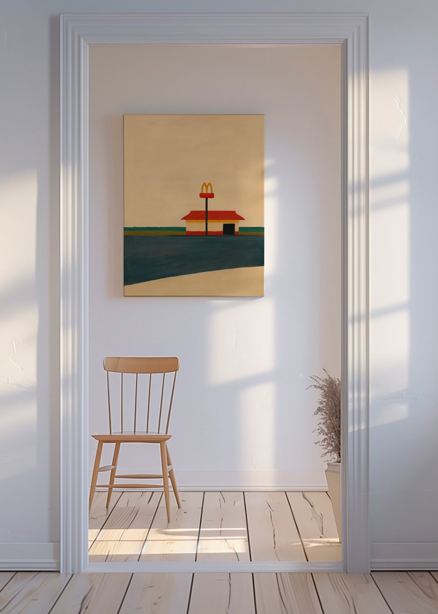 Obraz do kuchyně minimalistický s restaurací a zlatým obloukem – Canvas