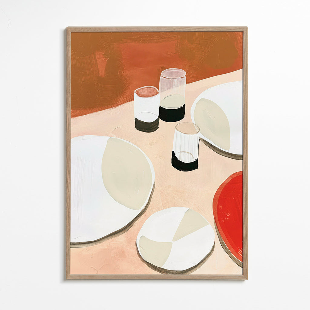Obraz do kuchyně minimalistické talíře a sklenice – Oak Frame