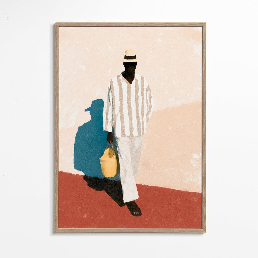 Minimalistický obraz muže s kloboukem a taškou – Oak Frame