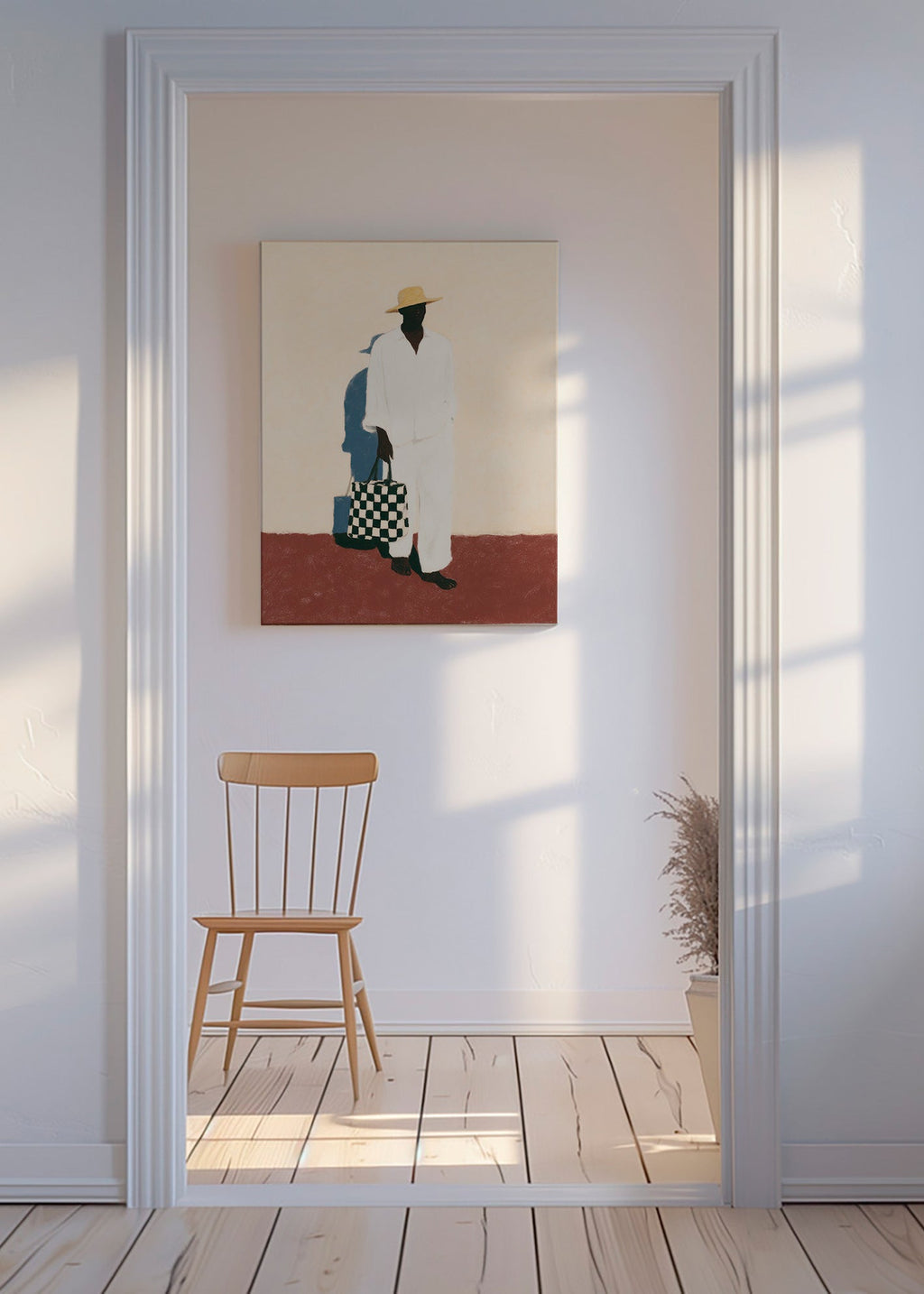 Minimalistický obraz se siluetou v bílém obleku – Canvas