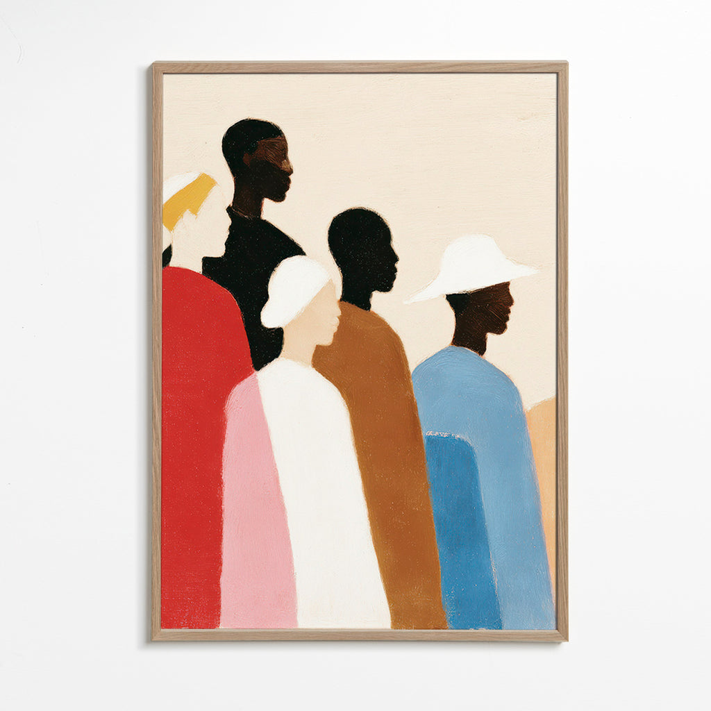 Abstraktní obraz s postavami v řadě – Oak Frame