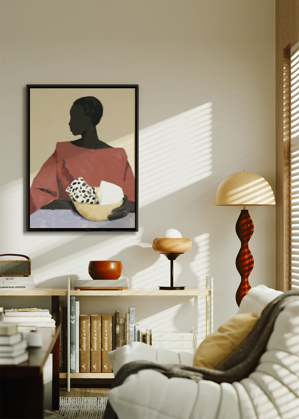 Lady with Bowl - Framed canvas in an interior