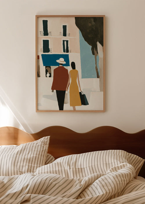 Ilustrace páru před minimalistickou fasádou – Product1
