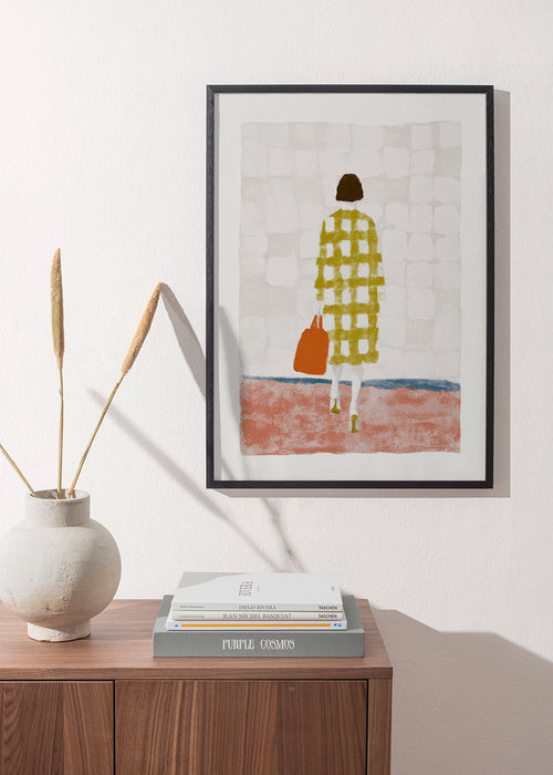 Ilustrace ženy zezadu s kostkovaným kabátem – Product1