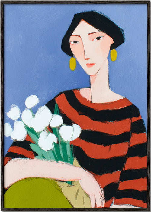 Ilustrace ženy s bílými tulipány – Black Frame