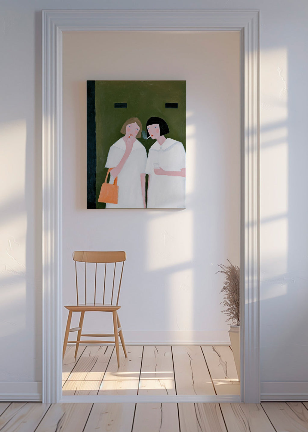 Ilustrace dvou postav kouřících v jemných tónech – Canvas