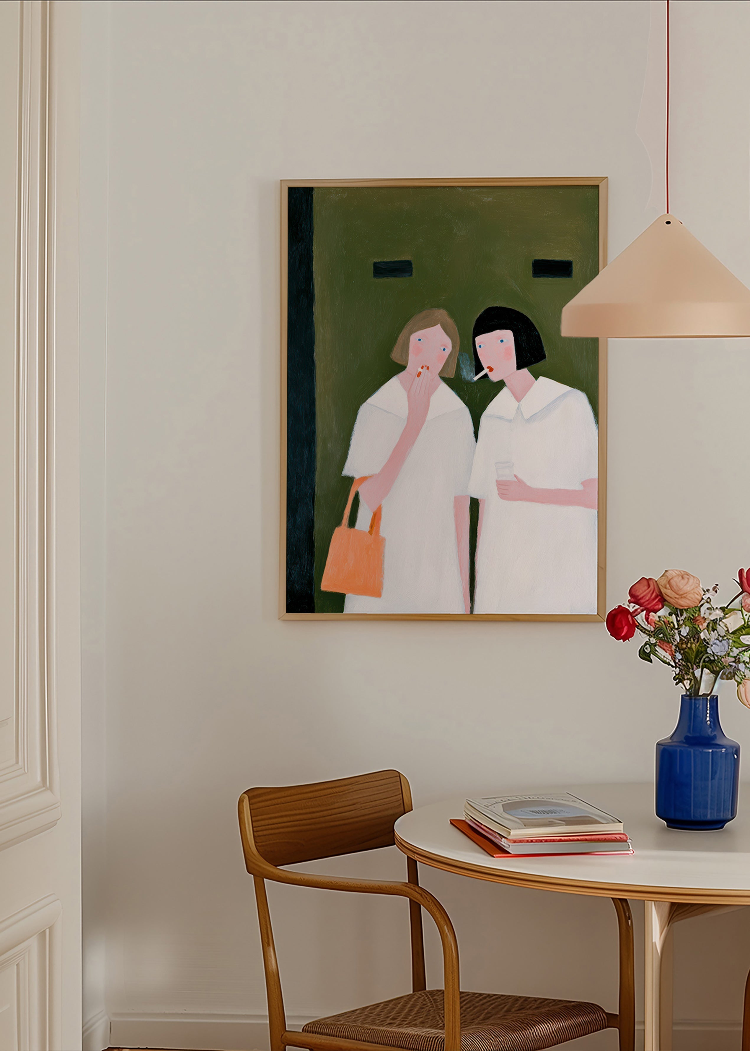 Ilustrace dvou postav kouřících v jemných tónech – Product1