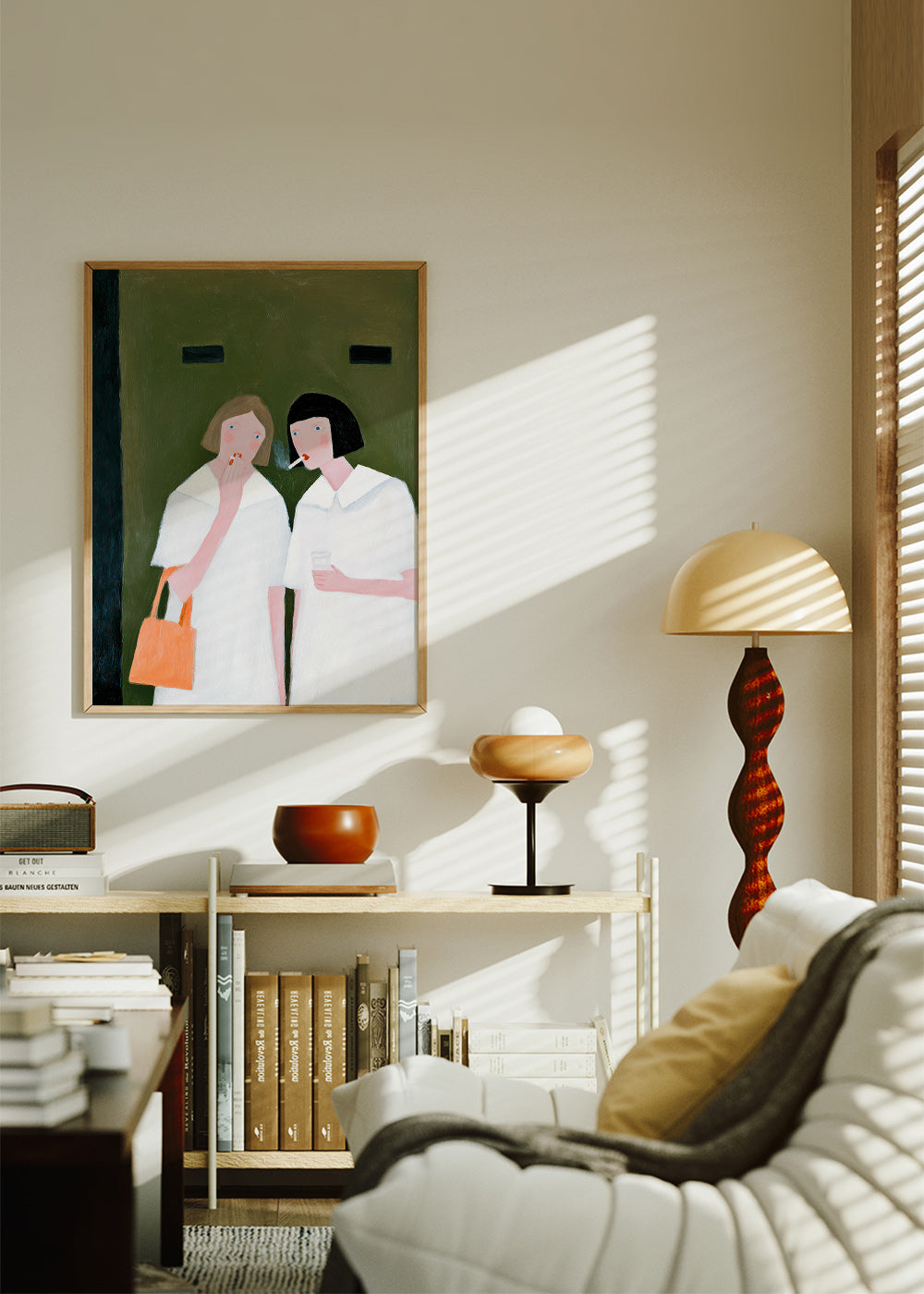 Ilustrace dvou postav kouřících v jemných tónech – Product2