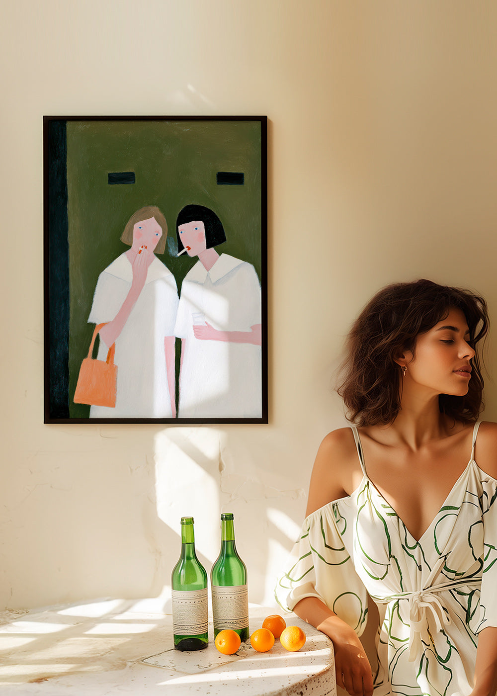 Ilustrace dvou postav kouřících v jemných tónech – Product3