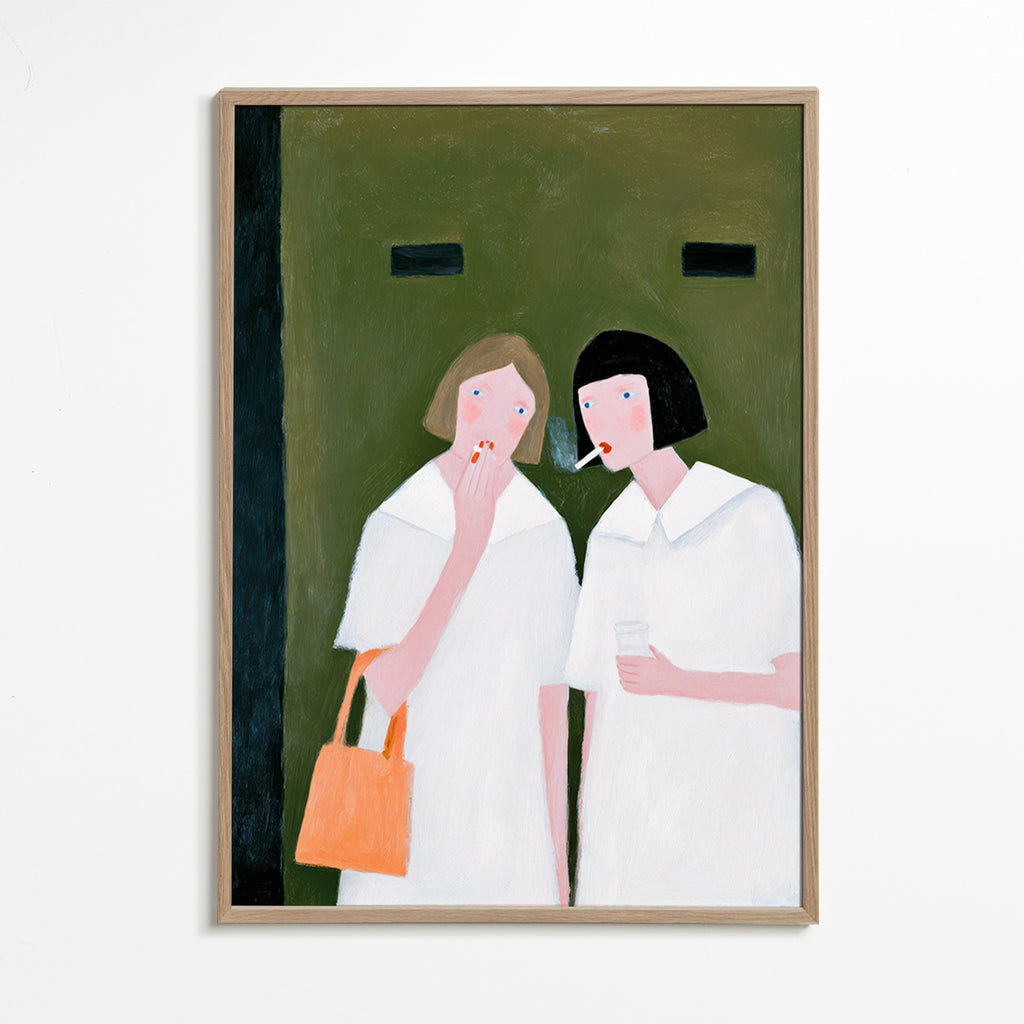 Ilustrace dvou postav kouřících v jemných tónech – Oak Frame
