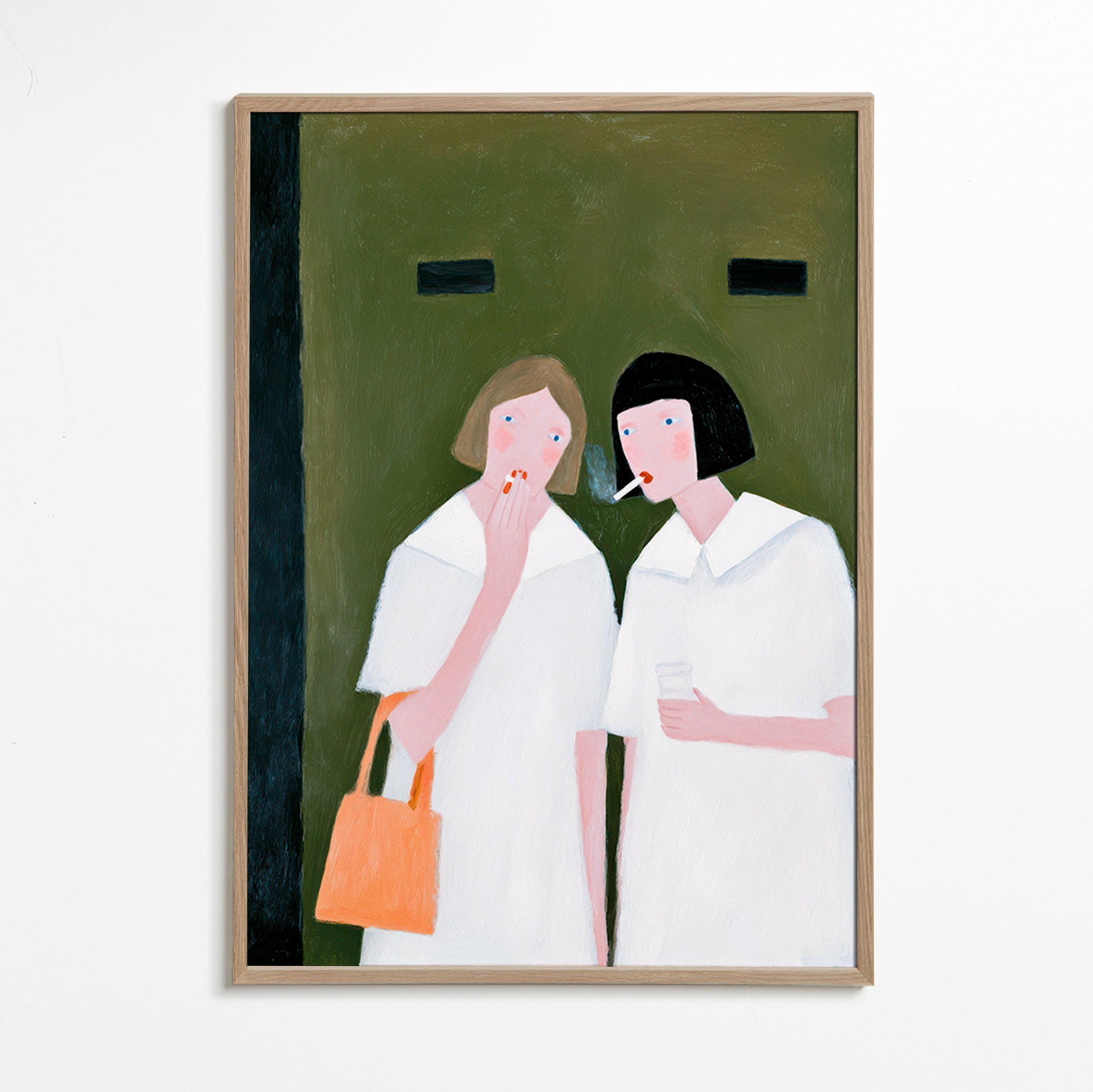 Ilustrace dvou postav kouřících v jemných tónech – Oak Frame