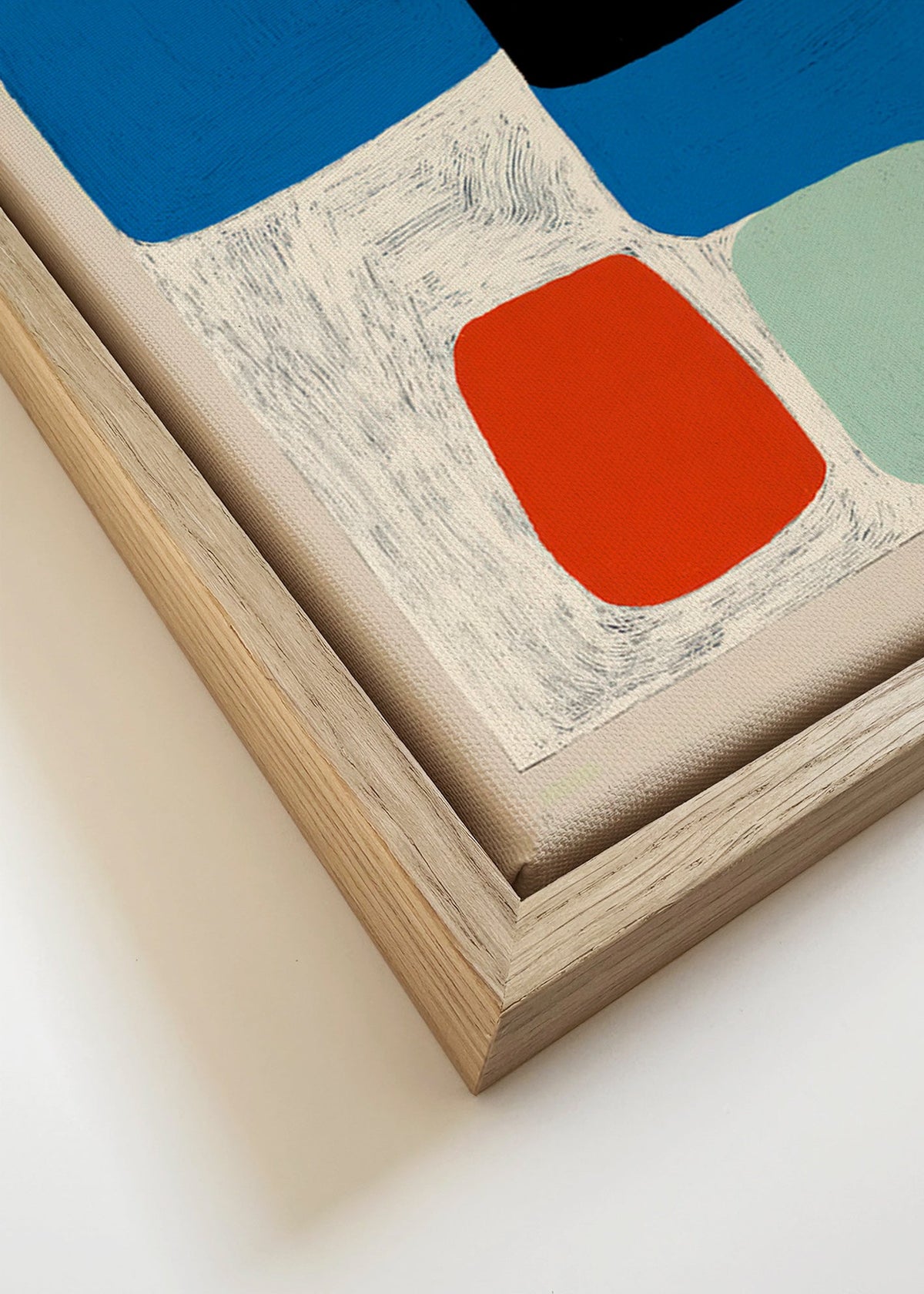 Abstraktní obraz s modrými tvary a černým blokem – Canvas detail