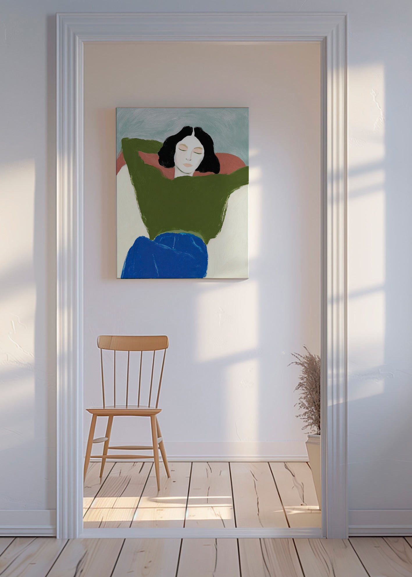 Ležící ilustrace se zeleným svetrem – Canvas