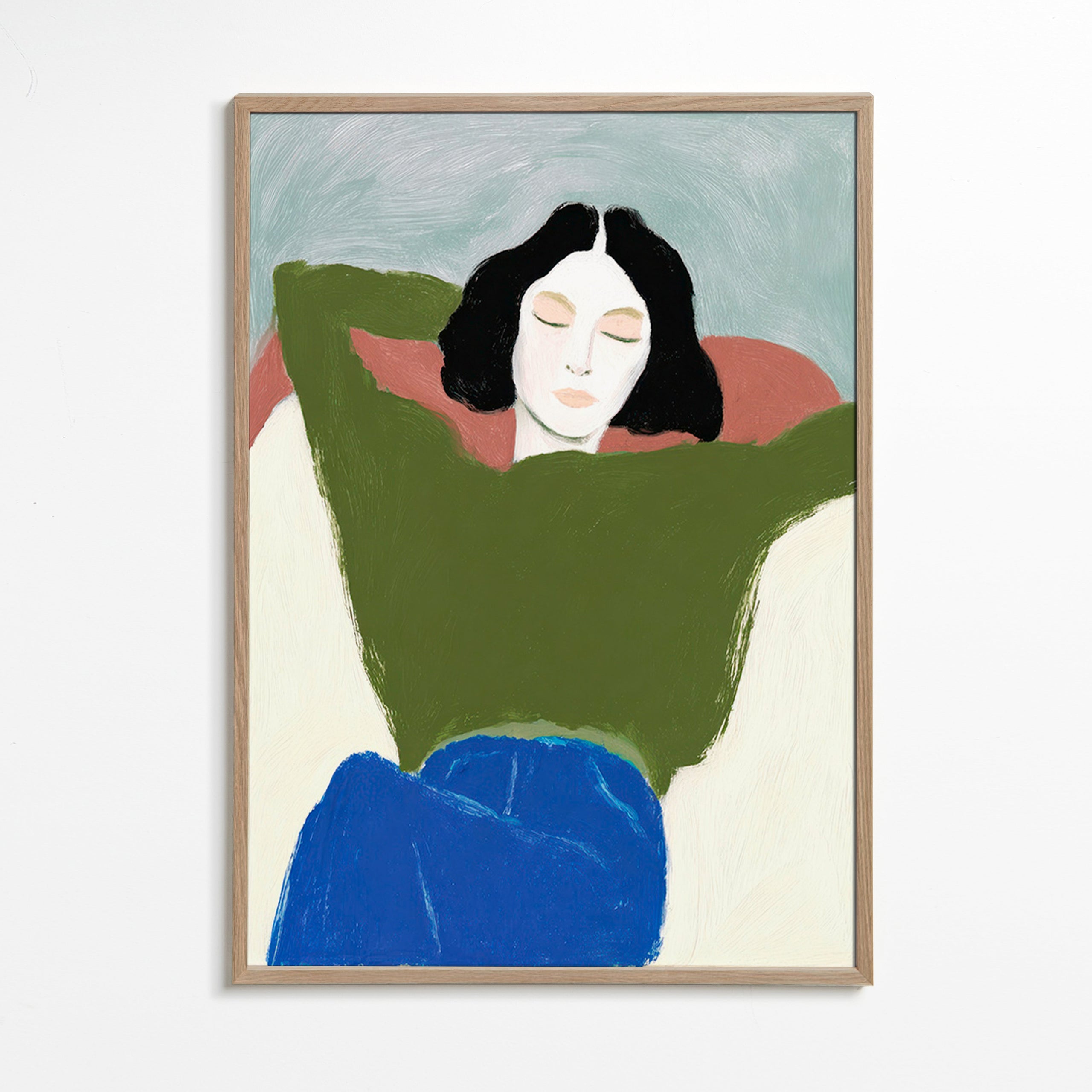 Ležící ilustrace se zeleným svetrem – Oak Frame
