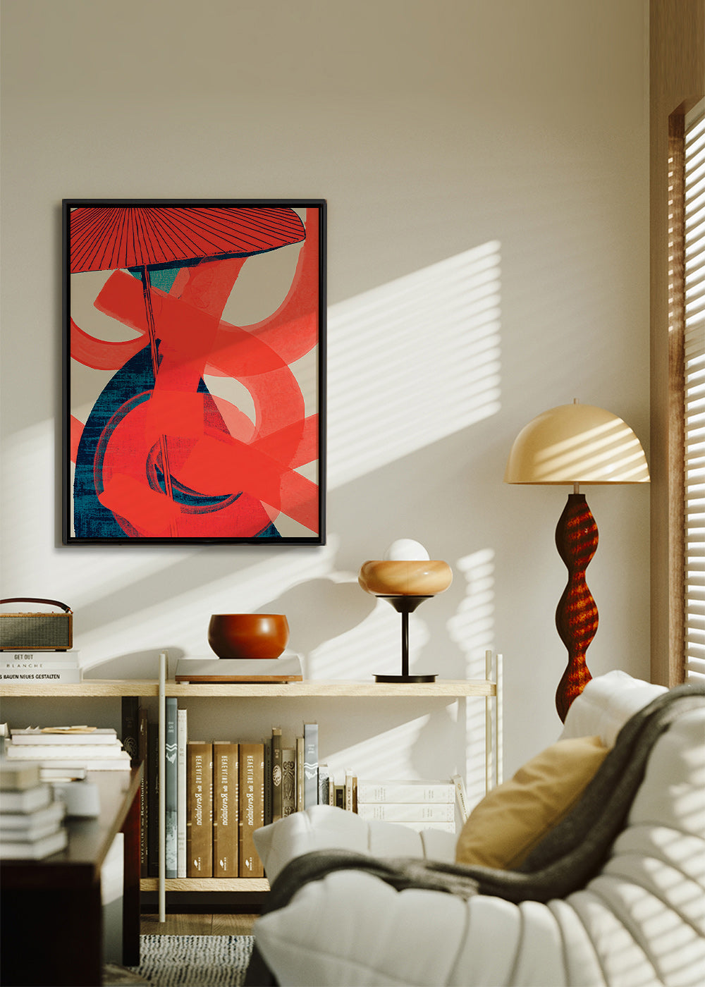 Abstraktní obraz s červenými víry a vertikálním gestem – Canvas1