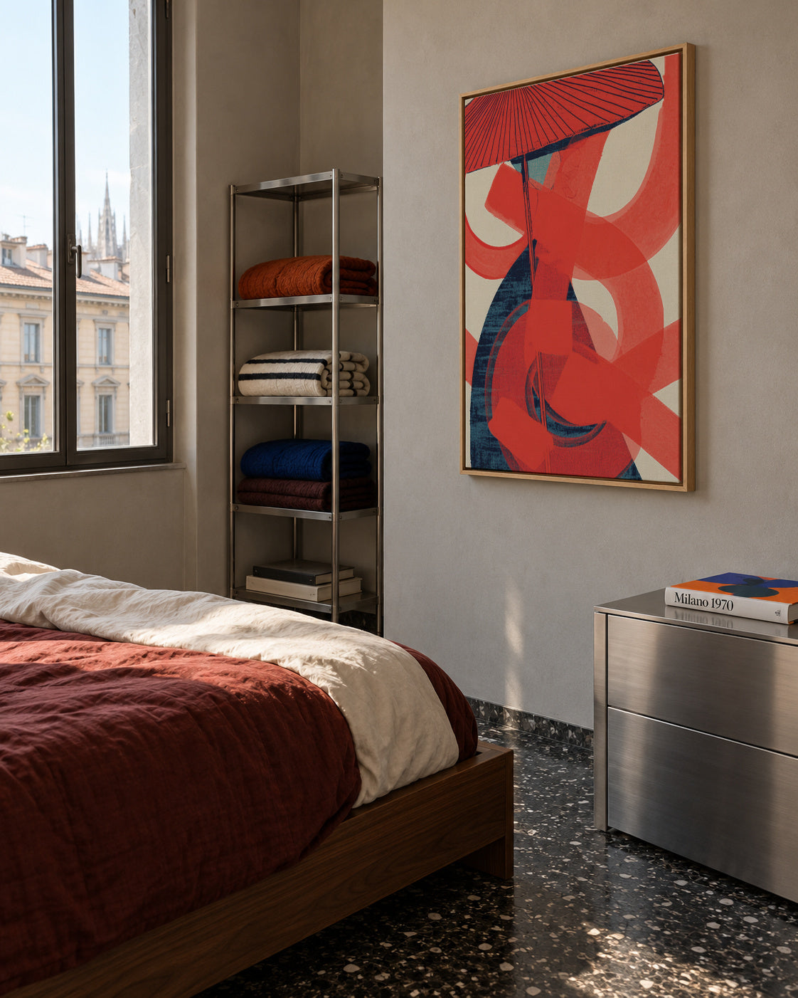 Red Swirl Energy - Framed canvas in an interior