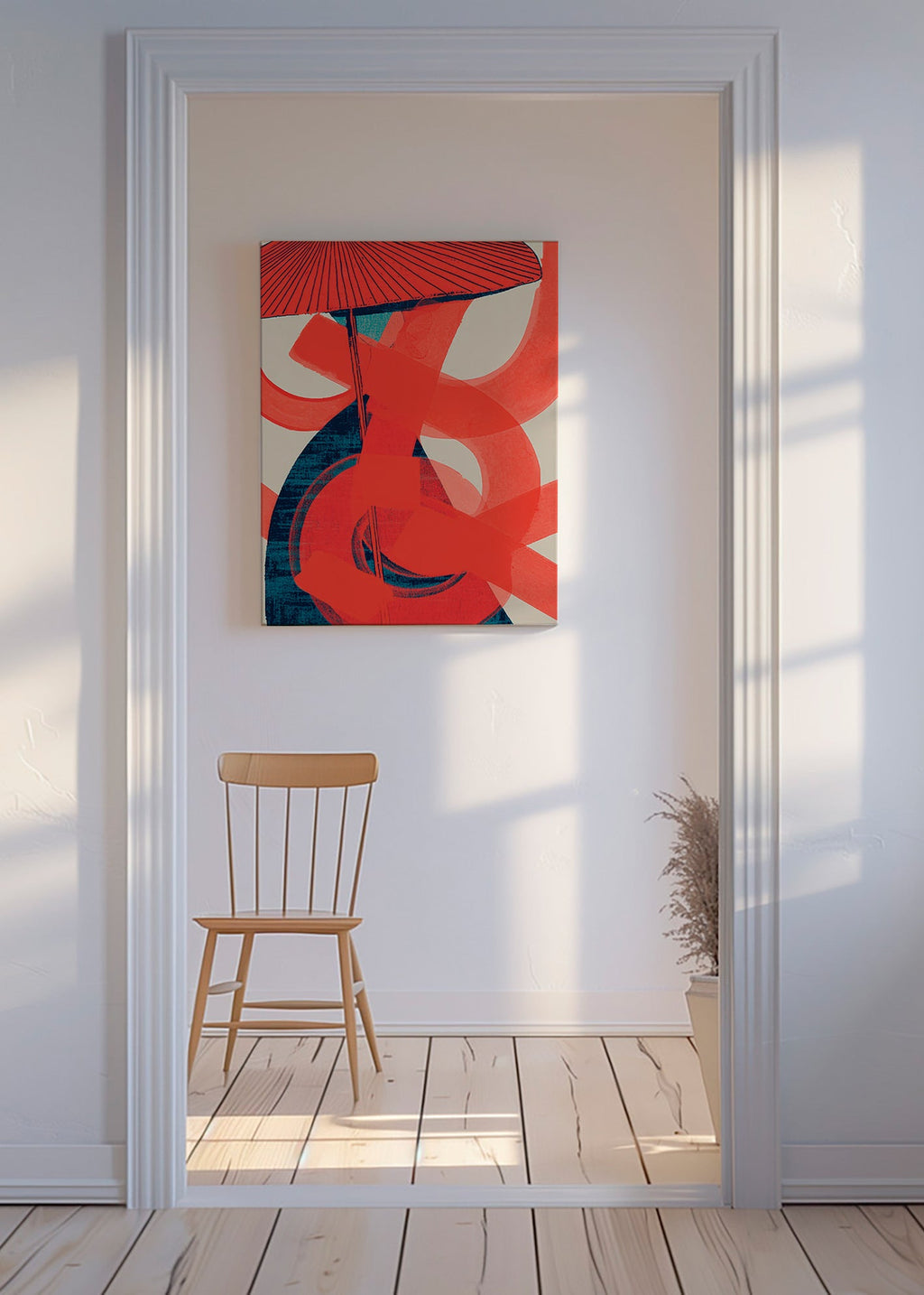 Abstraktní obraz s červenými víry a vertikálním gestem – Canvas
