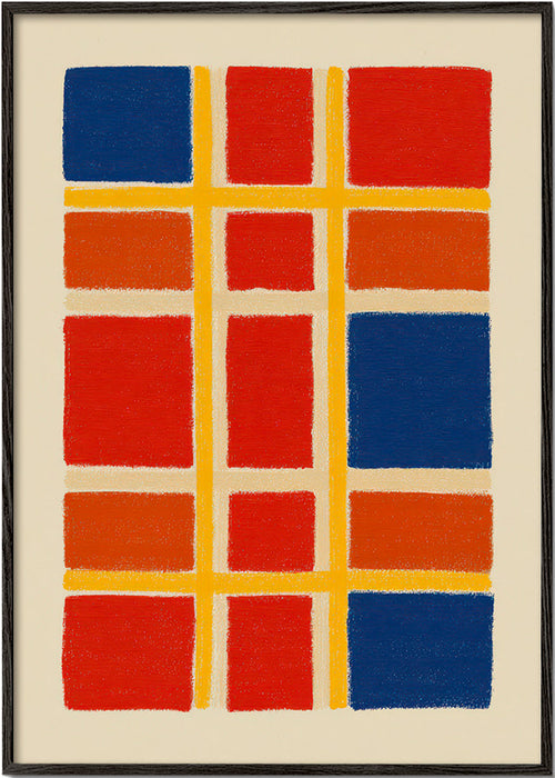 Geometrický obraz mřížka s červenými a modrými bloky – Black Frame