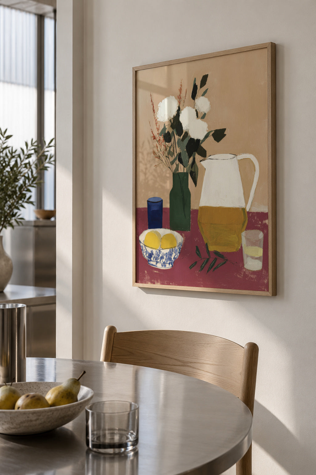 White Flowers & Pitcher I - Framed poster in an interior