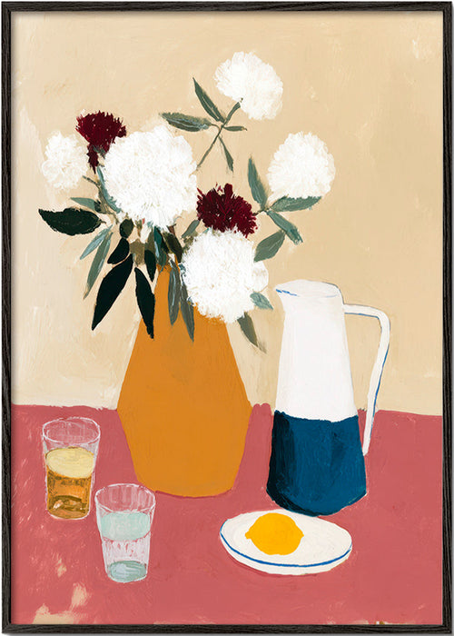 Botanický plakát s vázou a bílými květy – Black Frame