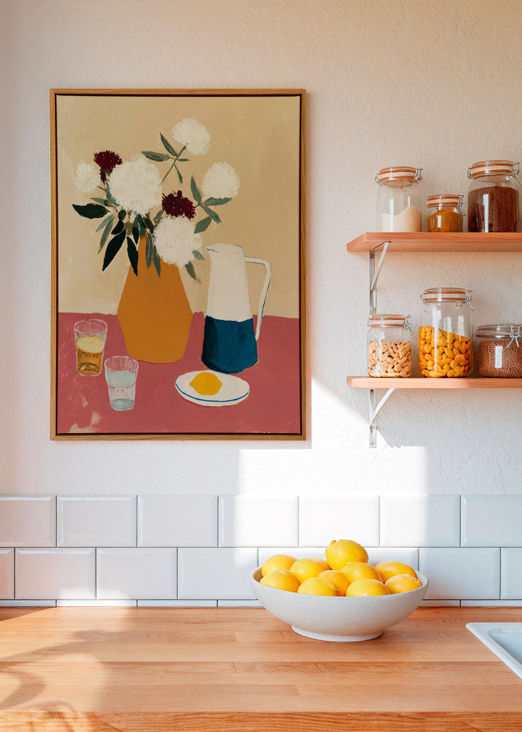Botanický plakát s vázou a bílými květy – Canvas1