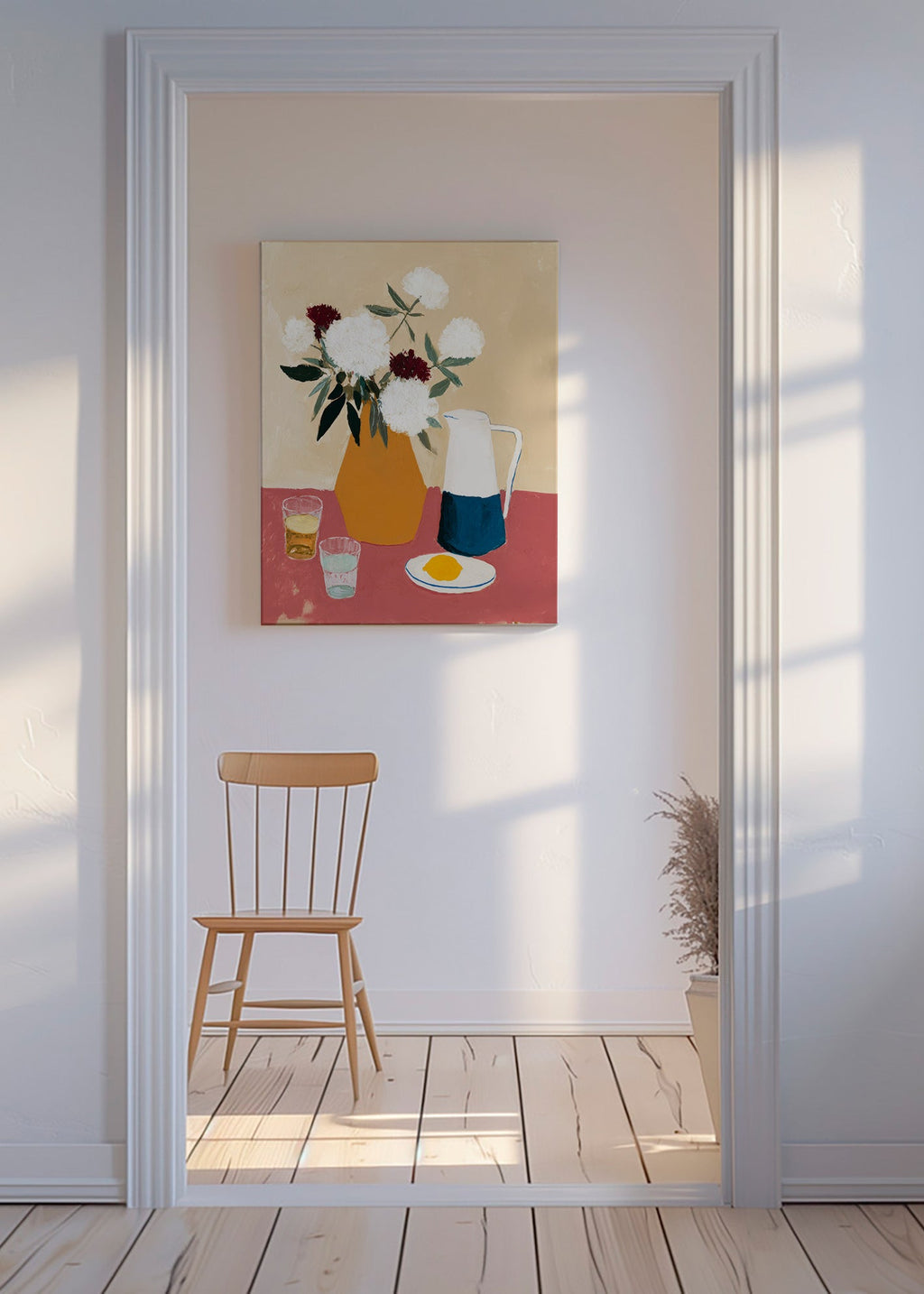 Botanický plakát s vázou a bílými květy – Canvas